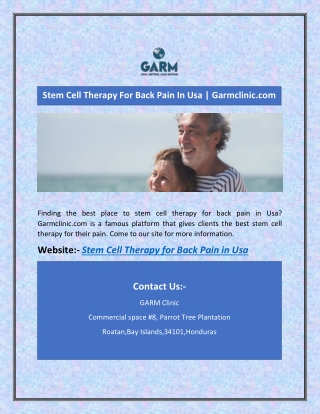 Stem Cell Therapy For Back Pain In Usa | Garmclinic.com