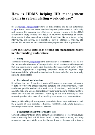How is HRMS helping HR management teams in reformulating work culture