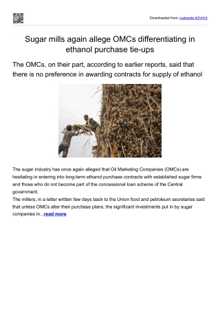 Sugar mills again allege OMCs differentiating in ethanol purchase tie-ups