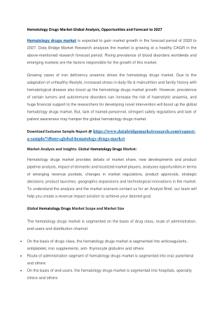 Hematology Drugs Market Global Analysis, Opportunities and Forecast to 2027