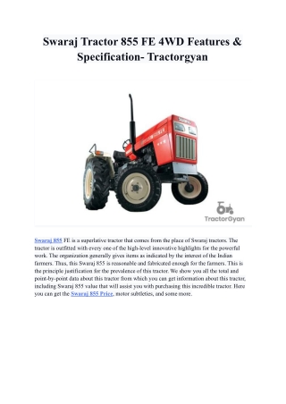 Swaraj Tractor 855 FE 4WD Features & Specification- Tractorgyan