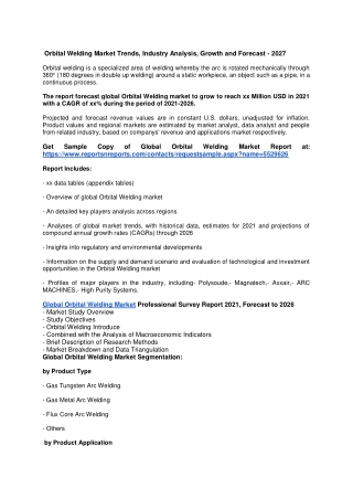Orbital Welding Market Trends, Industry Analysis, Growth and Forecast - 2027