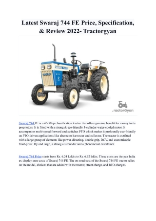 Latest Swaraj 744 FE Price, Specification, & Review 2022- Tractorgyan