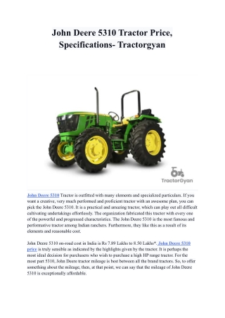 John Deere 5310 Tractor Price, Specifications- Tractorgyan