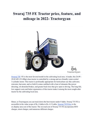 Swaraj 735 FE Tractor price, feature, and mileage in 2022- Tractorgyan