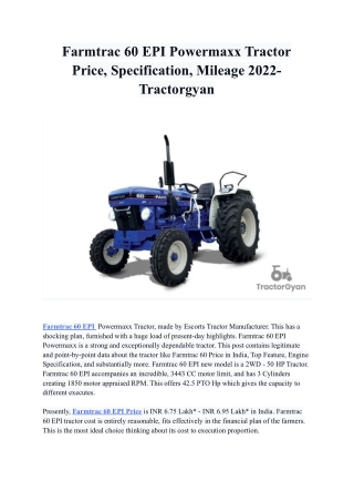 Farmtrac 60 EPI Powermaxx Tractor Price, Specification, Mileage 2022- Tractorgyan