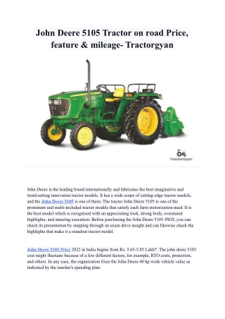 John Deere 5105 Tractor on road Price, feature & mileage- Tractorgyan