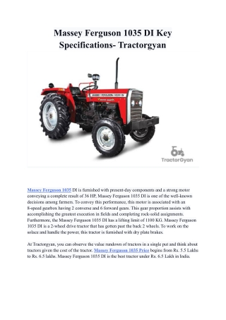 Massey Ferguson 1035 DI Key Specifications- Tractorgyan