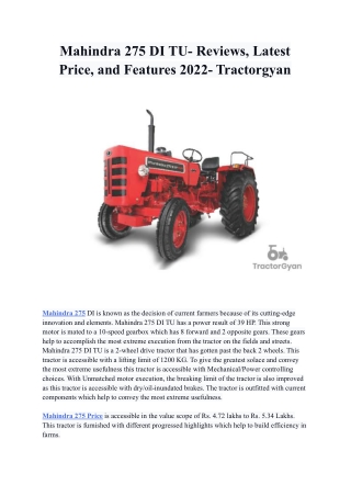 Mahindra 275 DI TU- Reviews, Latest Price, and Features 2022- Tractorgyan