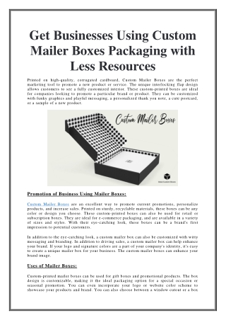 Get Businesses Using Custom Mailer Boxes Packaging with Less Resources