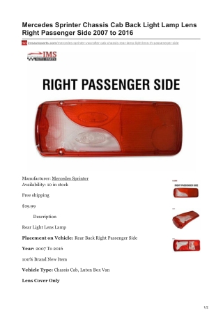 imsautoparts.com-Mercedes Sprinter Chassis Cab Back Light Lamp Lens Right Passenger Side 2007 to 2016
