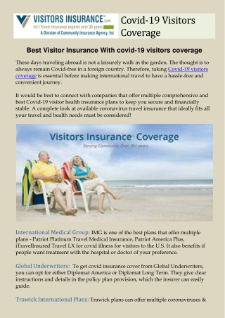 Covid-19 Visitors Coverage. Best Visitor Insurance With covid-19 visitors coverage