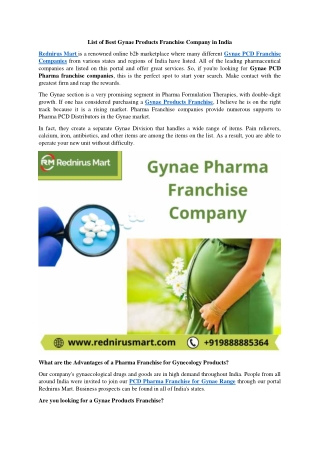 List of Best Gynae Products Franchise Company
