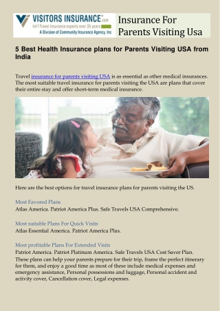 Insurance For Parents Visiting Usa. 5 Best Health Insurance plans for Parents Visiting USA from India