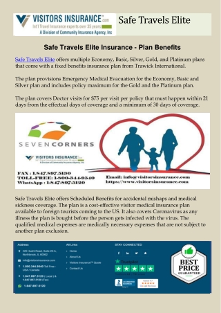 Safe Travels Elite. Safe Travels Elite Insurance - Plan Benefits