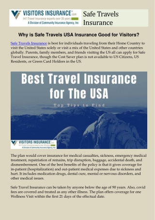 safe travels insurance. Why is Safe Travels USA Insurance Good for Visitors