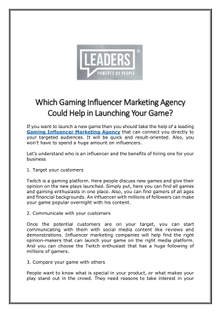 Which Gaming Influencer Marketing Agency Could Help in Launching Your Game