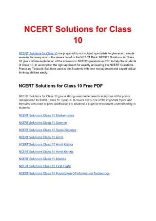 NCERT Solutions for Class 10 available in free PDF Download