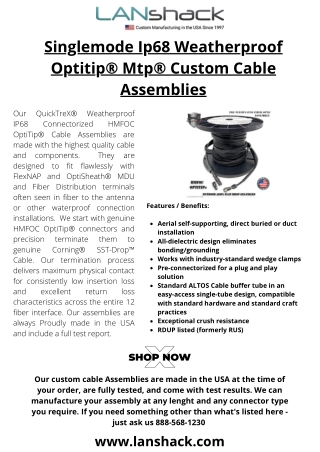 Singlemode Ip68 Weatherproof Optitip® Mtp® Custom Cable Assemblies