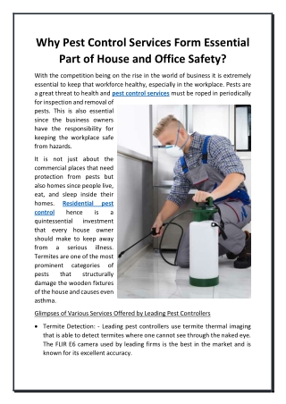 Why Pest Control Services Form Essential Part of House and Office Safety