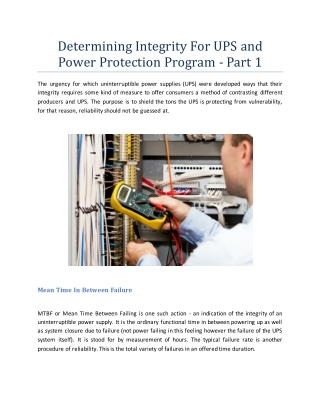 Determining Integrity For UPS and Power Protection Program - Part 1