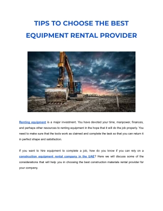 TIPS TO CHOOSE THE BEST EQUIPMENT RENTAL PROVIDER