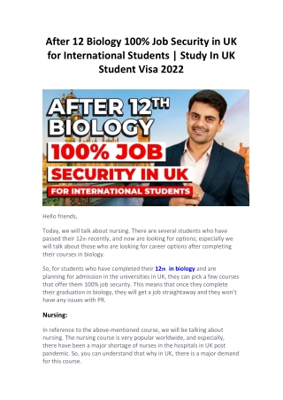 After 12 Biology 100% Job Security in UK for International Students  Study In UK Student Visa 2022