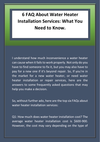 6 FAQ About Water Heater Installation Services What You Need to Know.