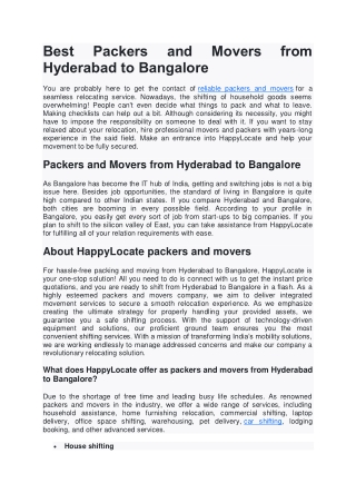 Best Packers and Movers from Hyderabad to Bangalore