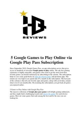5 Google Games to Play Online via Google Play Pass Subscription