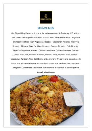 Biryani King Indian Restaurant Menu Footscray, VIC - $5 off 