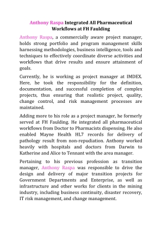 Anthony Raspa Integrated All Pharmaceutical Workflows at FH Faulding