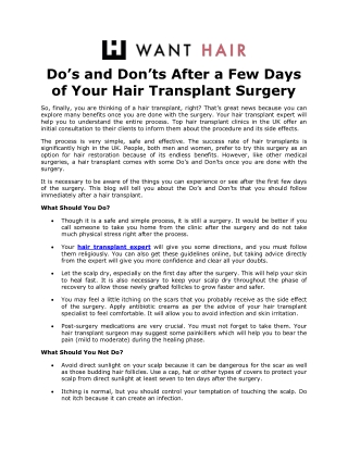 Do’s and Don’ts After a Few Days of Your Hair Transplant Surgery