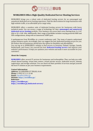 WORLDBUS Offers High-Quality Dedicated Server Hosting Services