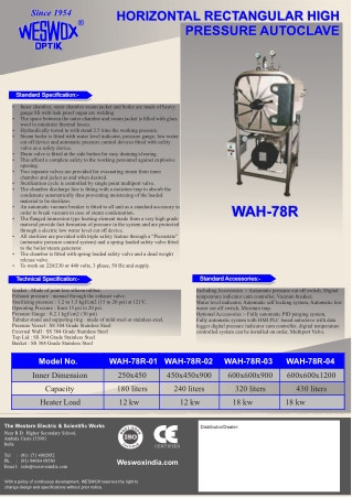 WAH-78R HORIZONTAL RECTANGULAR HIGH PRESSURE AUTOCLAVE