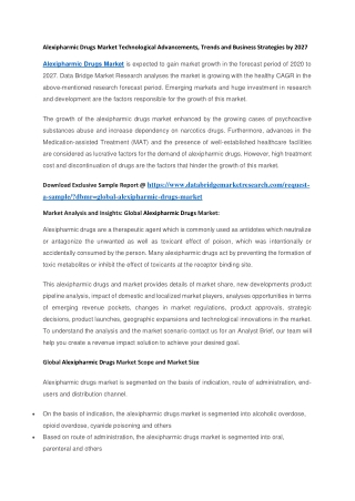 Alexipharmic Drugs Market Technological Advancements, Trends and Business Strategies by 2027