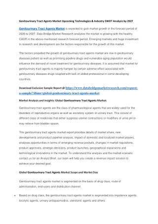 Genitourinary Tract Agents Market Upcoming Technologies & Industry SWOT Analysis by 2027