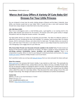 Marco and Lizzy offers a variety of cute baby girl dresses for your little princess