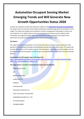 Global Automotive Occupant Sensing Market Opportunities and Forecast 2020-2027