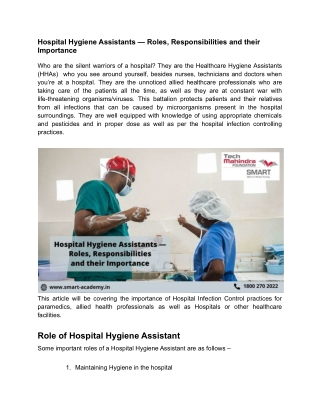 Hospital Hygiene Assistants — Roles, Responsibilities and their Importance