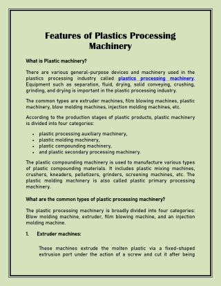 Features of Plastics Processing Machinery