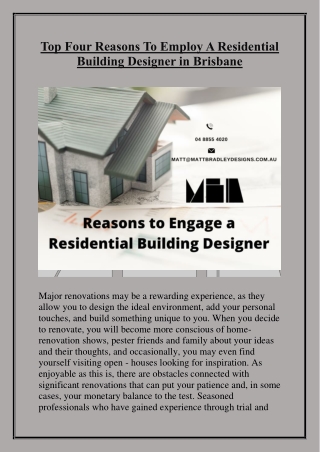 Top Four Reasons To Employ A Residential Building Designer in Brisbane