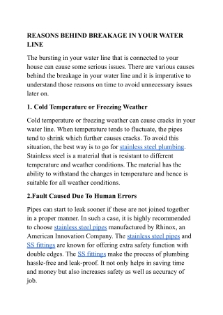 REASONS BEHIND BREAKAGE IN YOUR WATER LINE