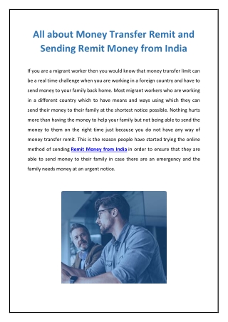 All about Money Transfer Remit and Sending Remit Money from India