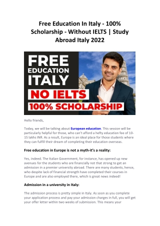 Free Education In Italy - 100% Scholarship - Without IELTS  Study Abroad Italy 2022