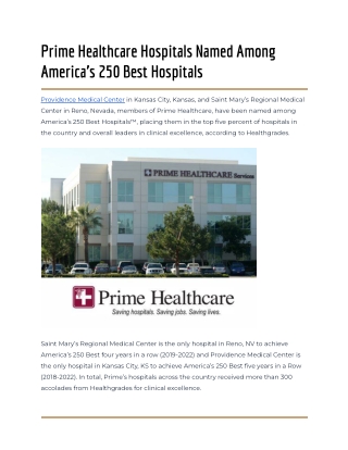 Prime Healthcare Hospitals Named Among America’s 250 Best Hospitals