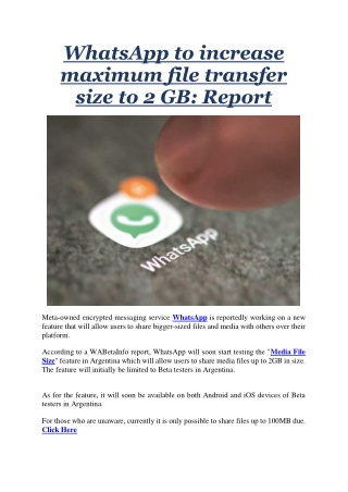 WhatsApp to increase maximum file transfer size to 2 GB Report