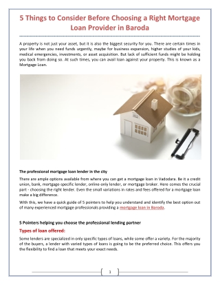 5 Things to Consider Before Choosing a Right Mortgage Loan Provider in Baroda