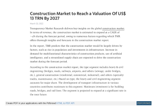 Construction Market to Reach a Valuation Of Us$ 13 TRN By 2027
