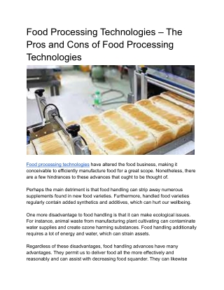 Food Processing Technologies – The Pros and Cons of Food Processing Technologies